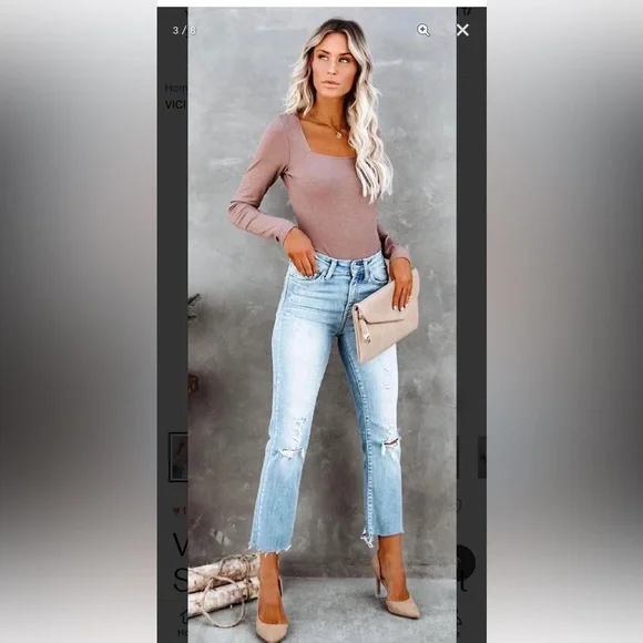 VICI Trina Square Neck Ribbed Bodysuit in Mocha Tan Cognac Light Brown Nude - Picture 5 of 8